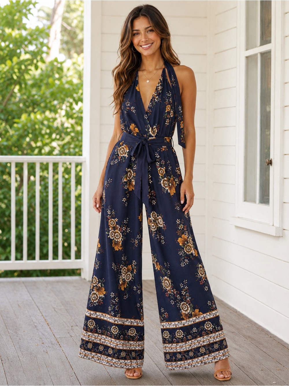Easel Los Angeles Boho Floral Halter Wide Leg Jumpsuit - Size Medium